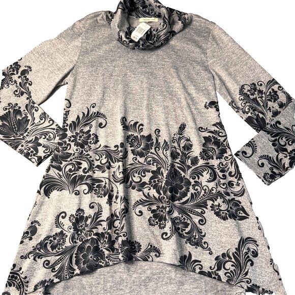 NWT Indigo Soul Floral Scroll Print Cowl Neck Grey Tunic Womens L Stretch Hi-Lo - Picture 16 of 16